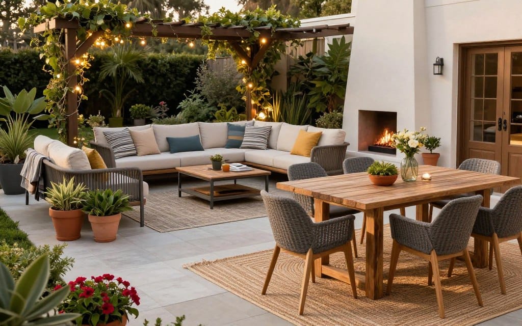 A beautifully arranged outdoor living space showcasing practical outdoor furniture ideas. In the foreground, features include a rustic wooden dining table with comfortable, stylish chairs, surrounded by vibrant potted plants and an inviting woven rug. In the middle ground, a cozy lounge area with plush, weather-resistant cushions on a sectional sofa, complemented by a chic coffee table and an outdoor fireplace, adds warmth. The background reveals a lush garden setting with a pergola adorned with climbing vines and fairy lights, casting a soft glow. The scene is bathed in golden hour lighting, creating a warm and inviting atmosphere. Capture this inviting setup from a slightly elevated angle, emphasizing the harmonious blend of furniture and nature. A beautifully arranged outdoor living space showcasing practical outdoor furniture ideas. In the foreground, features include a rustic wooden dining table with comfortable, stylish chairs, surrounded by vibrant potted plants and an inviting woven rug. In the middle ground, a cozy lounge area with plush, weather-resistant cushions on a sectional sofa, complemented by a chic coffee table and an outdoor fireplace, adds warmth. The background reveals a lush garden setting with a pergola adorned with climbing vines and fairy lights, casting a soft glow. The scene is bathed in golden hour lighting, creating a warm and inviting atmosphere. Capture this inviting setup from a slightly elevated angle, emphasizing the harmonious blend of furniture and nature.