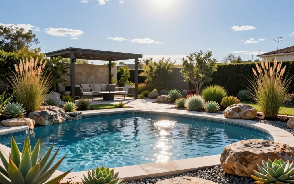 A beautifully designed low-maintenance pool landscape showcasing xeriscaping principles. In the foreground, a sparkling swimming pool reflects the sun, surrounded by an array of drought-resistant plants such as succulents, ornamental grasses, and native flowering shrubs. The middle ground features a stylish yet functional outdoor seating area with modern furniture, under a shaded pergola. A pathway made of natural stone leads to the pool, flanked by carefully arranged boulders and gravel. The background reveals a serene, clear blue sky with minimal clouds, casting warm, natural light over the entire scene. Capture this tranquil atmosphere with a focus on harmony between nature and modern living, emphasizing the beauty and ease of low-maintenance design. The composition should be inviting and peaceful, ideal for a home oasis.