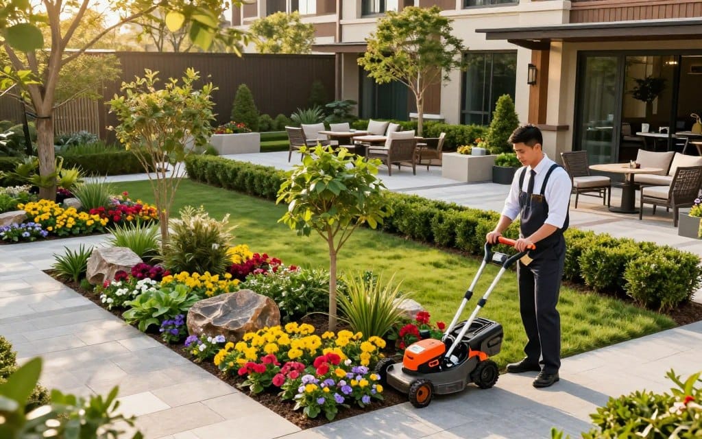 A beautifully landscaped commercial property, showcasing a variety of comprehensive landscaping services. In the foreground, a professional landscaper in business attire is using a high-tech landscaping tool, tending to vibrant flower beds. The middle ground features neatly trimmed hedges and small trees, with a multi-colored array of seasonal flowers and decorative rocks. In the background, there are attractive outdoor seating areas, surrounded by lush greenery and modern hardscaping elements like stone pathways and wooden pergolas. The scene is bathed in warm, golden sunlight, creating a welcoming atmosphere. Capture this from a slightly elevated angle to emphasize the layout and depth of the landscaping, evoking a sense of professionalism and care in landscape design. A beautifully landscaped commercial property, showcasing a variety of comprehensive landscaping services. In the foreground, a professional landscaper in business attire is using a high-tech landscaping tool, tending to vibrant flower beds. The middle ground features neatly trimmed hedges and small trees, with a multi-colored array of seasonal flowers and decorative rocks. In the background, there are attractive outdoor seating areas, surrounded by lush greenery and modern hardscaping elements like stone pathways and wooden pergolas. The scene is bathed in warm, golden sunlight, creating a welcoming atmosphere. Capture this from a slightly elevated angle to emphasize the layout and depth of the landscaping, evoking a sense of professionalism and care in landscape design.