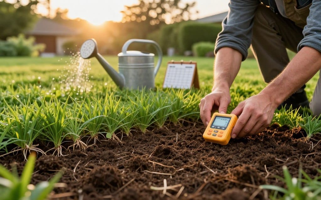 A close-up view of freshly installed sod in a lush, green yard, showcasing the distinct layers of soil, roots, and grass. In the foreground, a focused gardener wearing professional attire inspects the sod with a moisture meter in hand, demonstrating the critical aftercare of checking soil moisture levels. In the middle ground, a watering can sits next to a schedule for regular watering, emphasizing the importance of hydration. In the background, a vibrant sunrise casts warm golden light over the scene, enhancing the freshness and health of the newly laid sod. The atmosphere is serene and purposeful, capturing the essential steps of aftercare in lawn maintenance with a clean, natural aesthetic.