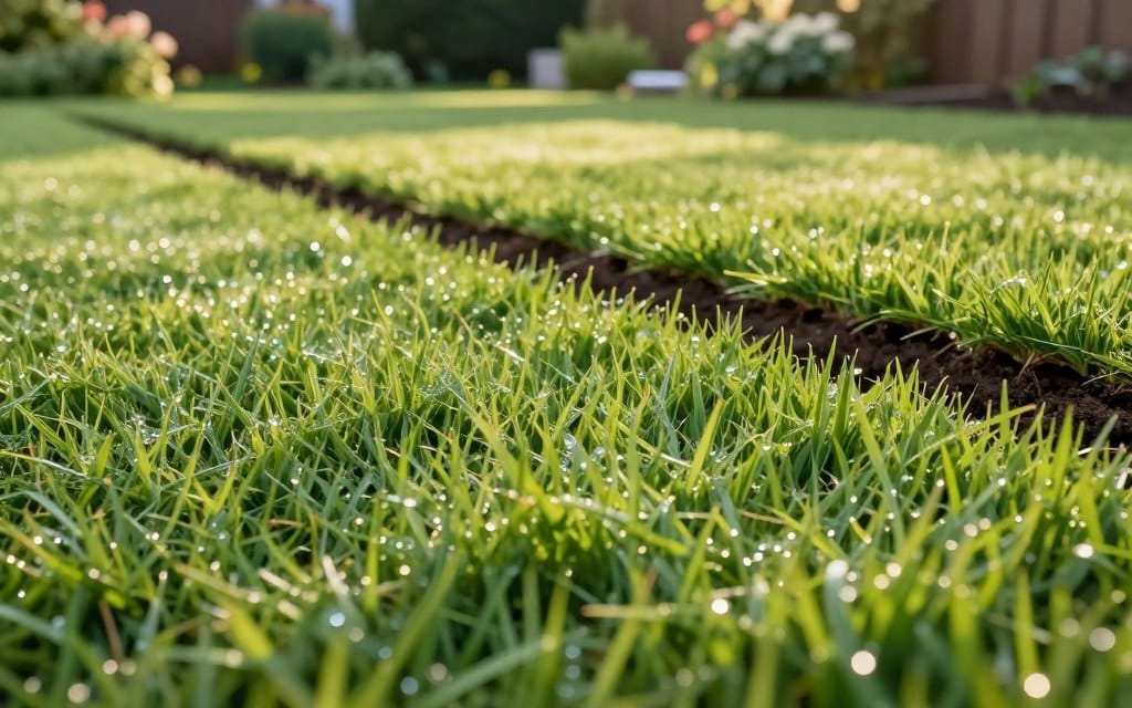 A close-up view of freshly laid sod, displaying the rich green grass with dew drops glistening in the morning sunlight. In the foreground, focus on the texture of the grass blades, showcasing their vibrant color and health. In the middle ground, include a gently sloping lawn with the edges of the sod neatly trimmed, perhaps revealing a small section where the soil is visible. The background features a soft-focus garden with a few flowering plants, enhancing the lush environment. Use warm, natural lighting to create a serene and inviting mood. The angle is slightly tilted, capturing the depth and layering of the sod while emphasizing its freshness and newness. Ensure this peaceful setting evokes a sense of care and nurturing for the newly installed lawn.