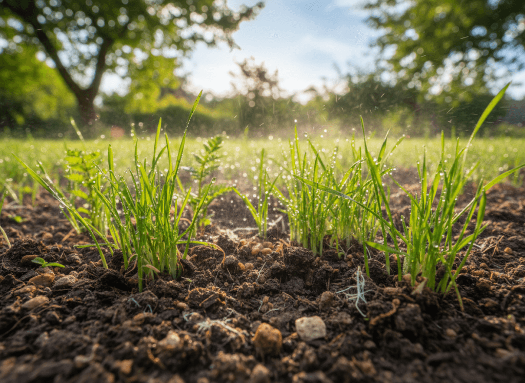 A close-up view of rich, dark soil, showcasing its texture and composition, with small pebbles and organic material visible. In the foreground, vibrant green grass blades peek through the soil, emphasizing the lushness of healthy sod. The middle ground features a light sprinkling of water droplets, indicating moisture, with small ferns and soil microorganisms hinting at vitality and life beneath the surface. In the background, a blurred garden setting with distant trees and a bright blue sky creates a serene atmosphere, suggesting a hot summer day. The lighting is warm and natural, highlighting the soil’s earthy tones, with sunlight filtering through leaves, casting soft shadows. The overall mood is encouraging and vibrant, reflecting a nurturing environment conducive to successful sod installation. A close-up view of rich, dark soil, showcasing its texture and composition, with small pebbles and organic material visible. In the foreground, vibrant green grass blades peek through the soil, emphasizing the lushness of healthy sod. The middle ground features a light sprinkling of water droplets, indicating moisture, with small ferns and soil microorganisms hinting at vitality and life beneath the surface. In the background, a blurred garden setting with distant trees and a bright blue sky creates a serene atmosphere, suggesting a hot summer day. The lighting is warm and natural, highlighting the soil’s earthy tones, with sunlight filtering through leaves, casting soft shadows. The overall mood is encouraging and vibrant, reflecting a nurturing environment conducive to successful sod installation.