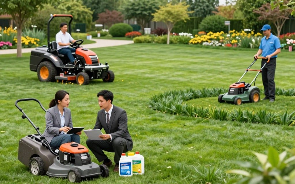 A colorful and informative overview of lawn maintenance options, showcasing a split scene. In the foreground, two diverse professionals in business attire discuss lawn care strategies, surrounded by tools like mowers, trimmers, and fertilizers. The middle section features a well-maintained lawn with fresh green grass, organized into distinct maintenance zones: one representing commercial service with a large riding mower and another with an in-house crew using smaller electric tools. In the background, a visually appealing landscape, with trees and flower beds, captures the essence of a thriving lawn. Soft, natural lighting enhances the scene, providing a bright and welcoming atmosphere, while a slightly elevated angle gives a comprehensive view of the maintenance options. A colorful and informative overview of lawn maintenance options, showcasing a split scene. In the foreground, two diverse professionals in business attire discuss lawn care strategies, surrounded by tools like mowers, trimmers, and fertilizers. The middle section features a well-maintained lawn with fresh green grass, organized into distinct maintenance zones: one representing commercial service with a large riding mower and another with an in-house crew using smaller electric tools. In the background, a visually appealing landscape, with trees and flower beds, captures the essence of a thriving lawn. Soft, natural lighting enhances the scene, providing a bright and welcoming atmosphere, while a slightly elevated angle gives a comprehensive view of the maintenance options.