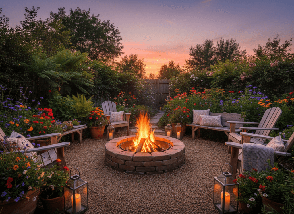 A cozy DIY fire pit nestled in a beautifully landscaped backyard, surrounded by lush greenery and colorful flowers. The fire pit, made from natural stones and gravel, radiates warmth with flickering flames, casting a soft glow on the surrounding area. In the foreground, a few rustic wooden chairs and a log seating area invite relaxation. In the middle ground, potted plants and lanterns enhance the inviting atmosphere while maintaining a budget-friendly design. The background features a gradient sunset sky, with soft, warm lighting illuminating the scene. The composition captures an idyllic evening setting, fostering a sense of comfort and togetherness in a serene outdoor environment. A cozy DIY fire pit nestled in a beautifully landscaped backyard, surrounded by lush greenery and colorful flowers. The fire pit, made from natural stones and gravel, radiates warmth with flickering flames, casting a soft glow on the surrounding area. In the foreground, a few rustic wooden chairs and a log seating area invite relaxation. In the middle ground, potted plants and lanterns enhance the inviting atmosphere while maintaining a budget-friendly design. The background features a gradient sunset sky, with soft, warm lighting illuminating the scene. The composition captures an idyllic evening setting, fostering a sense of comfort and togetherness in a serene outdoor environment.