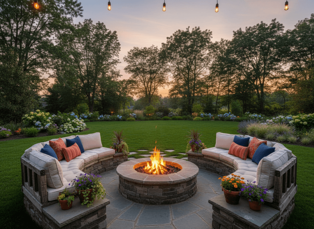 A cozy backyard scene featuring a beautifully arranged fire pit surrounded by natural stone and creative landscaping. In the foreground, visualize a circular fire pit with warm glowing embers, rustic wooden seating adorned with plush cushions, and small potted plants for added color. The middle ground should showcase neatly trimmed grass and flowering plants that frame the fire pit area. In the background, include a softly lit evening sky, with distant silhouettes of trees under a warm sunset glow. Emphasize a relaxing and inviting atmosphere, ideal for gatherings. Ensure the lighting is warm, casting gentle shadows, and the angle captures the inviting seating arrangement and fire pit prominent in the scene. The overall mood should evoke comfort and creativity in backyard landscaping. A cozy backyard scene featuring a beautifully arranged fire pit surrounded by natural stone and creative landscaping. In the foreground, visualize a circular fire pit with warm glowing embers, rustic wooden seating adorned with plush cushions, and small potted plants for added color. The middle ground should showcase neatly trimmed grass and flowering plants that frame the fire pit area. In the background, include a softly lit evening sky, with distant silhouettes of trees under a warm sunset glow. Emphasize a relaxing and inviting atmosphere, ideal for gatherings. Ensure the lighting is warm, casting gentle shadows, and the angle captures the inviting seating arrangement and fire pit prominent in the scene. The overall mood should evoke comfort and creativity in backyard landscaping.