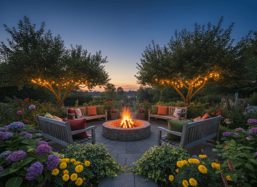 A cozy fire pit area nestled in a beautifully landscaped yard, featuring a circular stone fire pit surrounded by rustic wooden benches and colorful cushions. In the foreground, vibrant flowers and greenery enhance the inviting setting. The middle ground showcases the crackling flames of the fire pit, casting a warm glow that illuminates the space. Soft ambient lighting is applied to create a relaxing atmosphere, with fairy lights adorning nearby trees. In the background, a clear twilight sky transitions to deep blue, dotted with faint stars. The overall mood is tranquil and welcoming, perfect for casual gatherings or quiet evenings. The scene is captured with a wide-angle lens, emphasizing the inviting layout while maintaining depth and detail. No humans are included in the image. A cozy fire pit area nestled in a beautifully landscaped yard, featuring a circular stone fire pit surrounded by rustic wooden benches and colorful cushions. In the foreground, vibrant flowers and greenery enhance the inviting setting. The middle ground showcases the crackling flames of the fire pit, casting a warm glow that illuminates the space. Soft ambient lighting is applied to create a relaxing atmosphere, with fairy lights adorning nearby trees. In the background, a clear twilight sky transitions to deep blue, dotted with faint stars. The overall mood is tranquil and welcoming, perfect for casual gatherings or quiet evenings. The scene is captured with a wide-angle lens, emphasizing the inviting layout while maintaining depth and detail. No humans are included in the image.
