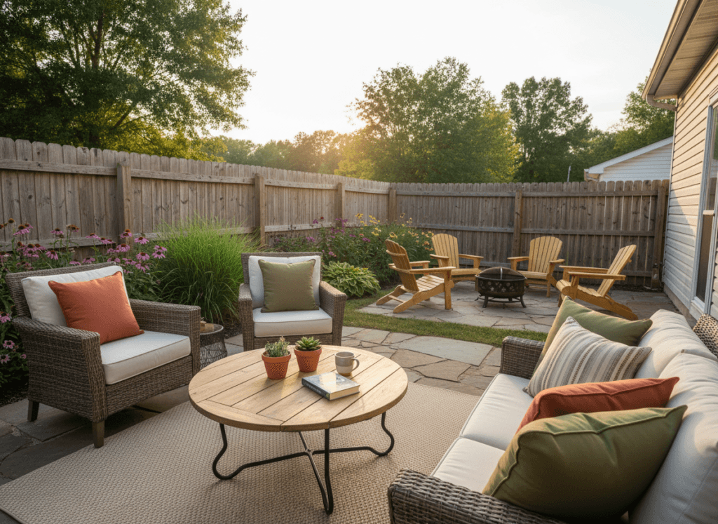 A cozy outdoor living space designed for a small backyard in White, GA, featuring a charming patio with comfortable, modest seating in soft earth tones. In the foreground, include a stylish wooden coffee table adorned with potted plants and a few books, creating an inviting atmosphere. In the middle ground, showcase lush greenery with ornamental grasses and flowering plants, framed by a wooden fence. The background should have a small fire pit surrounded by foldable chairs, ideal for gatherings. Capture the scene during golden hour with warm, diffused lighting to enhance the tranquil mood. Use a wide-angle lens to create depth, emphasizing the compact yet functional layout of the space, inviting relaxation and comfort in a quaint setting.