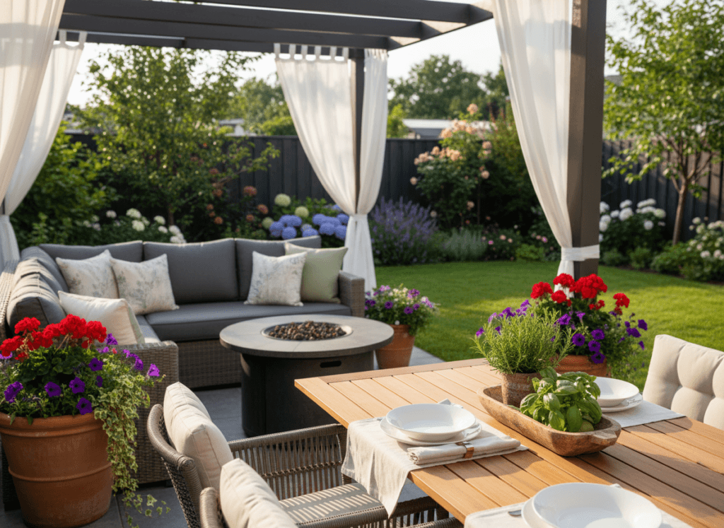 A cozy outdoor living space in a small yard, featuring a beautifully arranged seating area with comfortable cushions in neutral tones, surrounded by potted plants and colorful flowers. In the foreground, an elegant wooden table sets the stage for dining, adorned with a simple centerpiece of fresh herbs. The middle ground showcases a stylish, shaded pergola draped in soft fabric, creating an inviting atmosphere. In the background, a lush green lawn and a small garden area add a touch of tranquility. The scene is bathed in warm, soft afternoon sunlight, accentuating the natural colors and creating a relaxing mood. Capture the image from a slight angle above to emphasize the layout and use a lens that enhances depth of field for a serene, inviting composition.