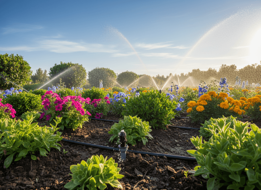 A high-tech irrigation system integrated into a lush commercial landscape, showcasing advanced drip lines and sprinklers efficiently distributing water to vibrant greenery. In the foreground, close-up of a drip irrigation emitter, glistening with moisture, surrounded by healthy soil and plants. In the middle ground, a wide view of a well-maintained garden area with in-ground sprinklers actively watering rows of colorful flowers and shrubs, emphasizing smart water management. The background features a clear blue sky with a few soft clouds, bathed in warm sunlight, creating a bright and optimistic atmosphere. The angle is slightly elevated, capturing both the technology and the flourishing vegetation, highlighting the balance between innovation and nature.
