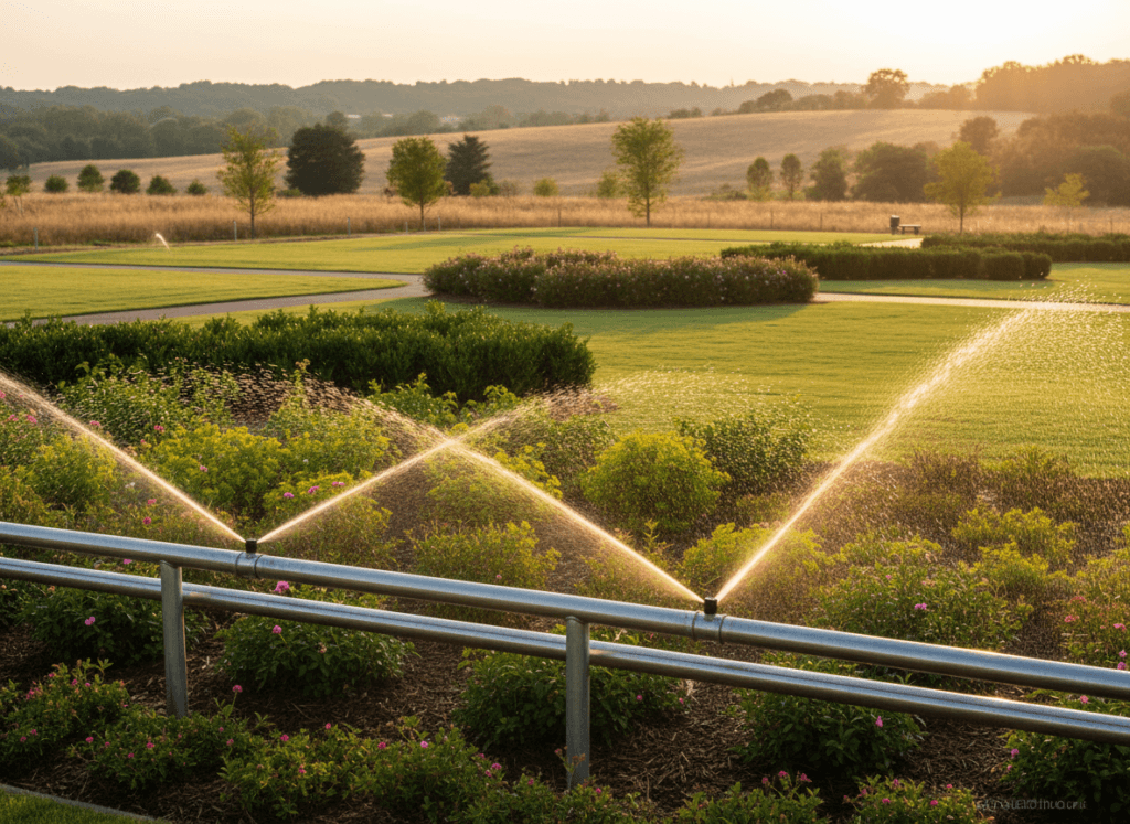 A modern and efficient commercial irrigation system situated in a well-maintained landscape during the peak of summer drought in Georgia. In the foreground, display sleek irrigation pipes and precision sprinklers efficiently watering vibrant green plants, with droplets of water sparkling in the sunlight. In the middle ground, show lush grass areas and neatly trimmed bushes, all thriving under optimal irrigation. In the background, soft rolling hills typical of Georgia’s terrain, bathed in warm golden hour lighting that creates a serene and focused atmosphere. Use a wide-angle lens to capture the grandeur of the landscape, ensuring the irrigation system remains clearly in focus. The scene should evoke feelings of professionalism, innovation, and diligence in water conservation and management.