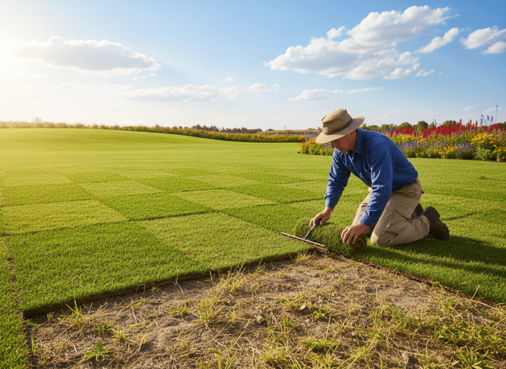 A picturesque scene of a lush, freshly-installed sod lawn in a warm and sunny environment, emphasizing the importance of timing in sod installation. In the foreground, a neatly laid section of vibrant green sod contrasts with dry, barren patches. A gardener in professional attire is carefully working with a garden tool, showing dedication to perfecting the installation. The middle ground features a rolling landscape with manicured lawns under the bright blue sky, dotted with a few soft, fluffy clouds. In the background, there are hints of warm weather elements like colorful flowers and a clear sun casting soft shadows, enhancing the idea of ideal installation timing. The overall mood is hopeful and refreshing, symbolizing growth and vitality in perfect outdoor conditions. A picturesque scene of a lush, freshly-installed sod lawn in a warm and sunny environment, emphasizing the importance of timing in sod installation. In the foreground, a neatly laid section of vibrant green sod contrasts with dry, barren patches. A gardener in professional attire is carefully working with a garden tool, showing dedication to perfecting the installation. The middle ground features a rolling landscape with manicured lawns under the bright blue sky, dotted with a few soft, fluffy clouds. In the background, there are hints of warm weather elements like colorful flowers and a clear sun casting soft shadows, enhancing the idea of ideal installation timing. The overall mood is hopeful and refreshing, symbolizing growth and vitality in perfect outdoor conditions.
