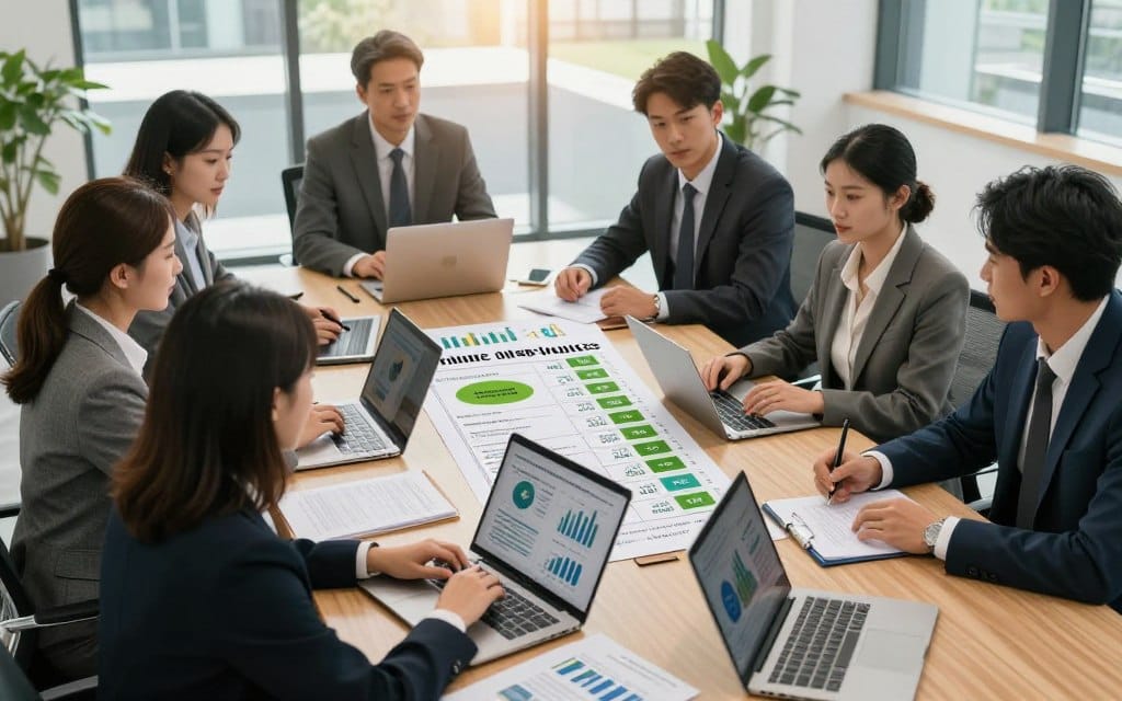 A professional business meeting around a large conference table, with two groups of individuals discussing financial implications of lawn maintenance options. In the foreground, a diverse group of professionals in business attire, including men and women, analyzing charts and graphs on laptops and documents. In the middle, a large, detailed financial report depicting cost comparisons between in-house crews and commercial service providers. The background features a modern office with large windows, letting in natural light, creating a bright and focused atmosphere. The camera angle captures the action from a slightly elevated perspective, emphasizing collaboration and serious discussion. The lighting is warm and inviting, enhancing the corporate setting. A professional business meeting around a large conference table, with two groups of individuals discussing financial implications of lawn maintenance options. In the foreground, a diverse group of professionals in business attire, including men and women, analyzing charts and graphs on laptops and documents. In the middle, a large, detailed financial report depicting cost comparisons between in-house crews and commercial service providers. The background features a modern office with large windows, letting in natural light, creating a bright and focused atmosphere. The camera angle captures the action from a slightly elevated perspective, emphasizing collaboration and serious discussion. The lighting is warm and inviting, enhancing the corporate setting.
