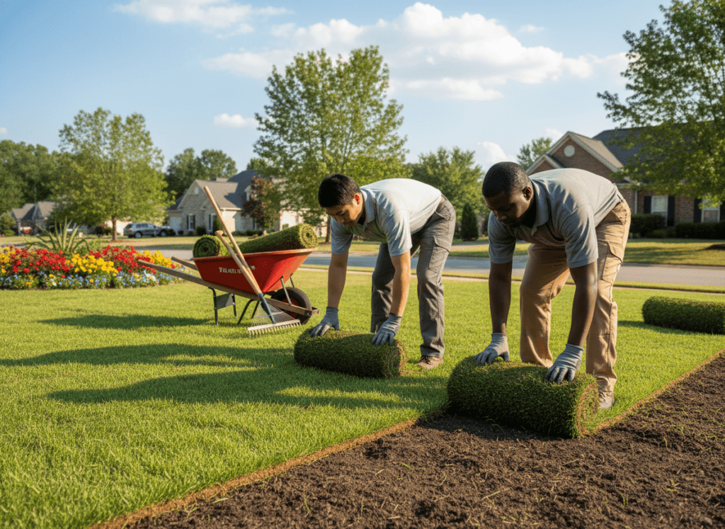 A professional sod installation team at work in a sunny Bartow County landscape. In the foreground, a diverse group of two workers dressed in modest, professional attire, carefully laying down rich green sod rolls on freshly prepared soil. In the middle ground, a wheelbarrow filled with additional sod and gardening tools like a rake and shovel are positioned beside an area just completed with vibrant, lush grass. In the background, a clear blue sky with a few fluffy clouds, showcasing a suburban neighborhood with trees and colorful flowers. The lighting is bright and natural, emphasizing the freshness of the sod. The overall mood is one of professionalism and enthusiasm for outdoor landscaping, symbolizing quality service and attention to detail. A professional sod installation team at work in a sunny Bartow County landscape. In the foreground, a diverse group of two workers dressed in modest, professional attire, carefully laying down rich green sod rolls on freshly prepared soil. In the middle ground, a wheelbarrow filled with additional sod and gardening tools like a rake and shovel are positioned beside an area just completed with vibrant, lush grass. In the background, a clear blue sky with a few fluffy clouds, showcasing a suburban neighborhood with trees and colorful flowers. The lighting is bright and natural, emphasizing the freshness of the sod. The overall mood is one of professionalism and enthusiasm for outdoor landscaping, symbolizing quality service and attention to detail.