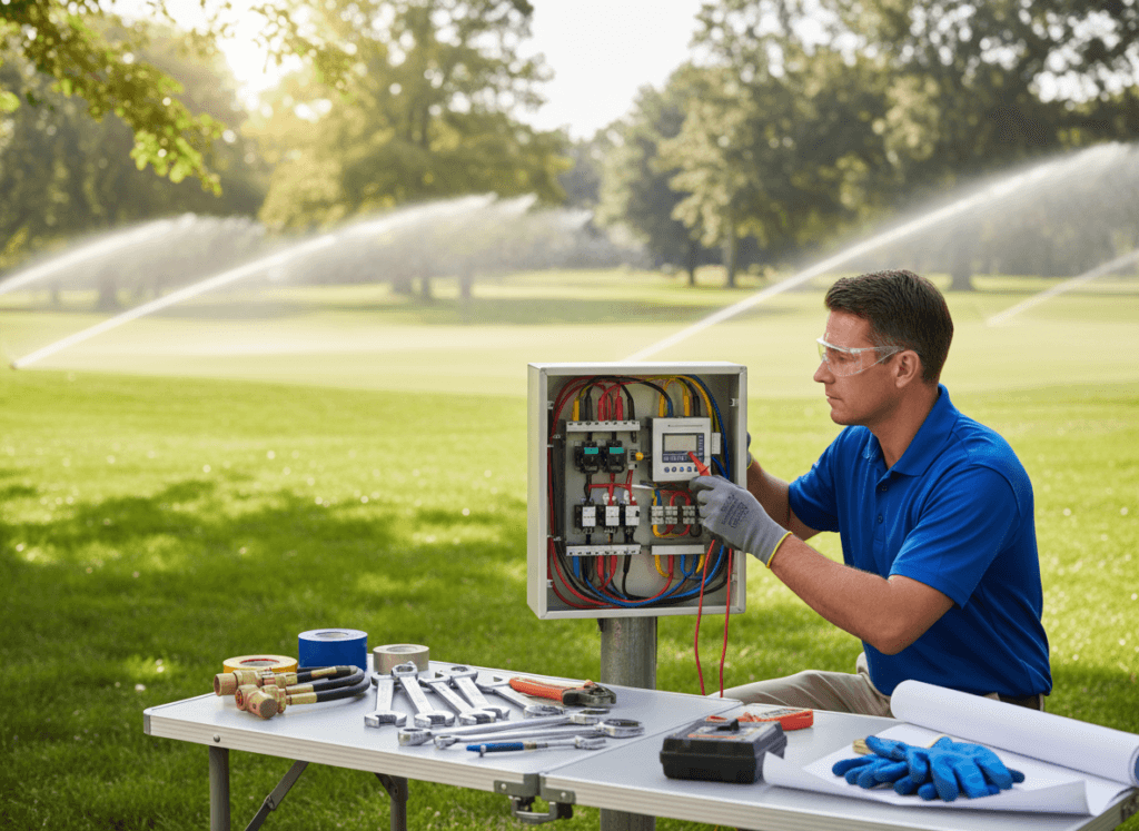 A professional technician in a neatly maintained outdoor landscape, wearing a polo shirt and safety glasses, carefully examining a commercial irrigation system. In the foreground, tools like wrenches and gauges are neatly arranged on a workbench, emphasizing the theme of repair. In the middle, the technician is focused on a high-tech irrigation control panel, with intricate wiring and digital displays showcasing diagnostics. The background features a lush green landscape being irrigated, elegantly illustrating the benefits of proper maintenance. Soft, natural lighting filters through the trees, creating a sense of calm and efficiency, while a shallow depth of field gently blurs the background, keeping attention on the technician and the repair work. The atmosphere is professional and productive, signaling the importance of commercial irrigation repair in maintaining beautiful landscapes.