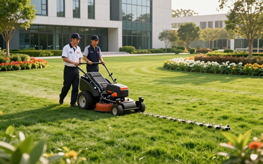 A scenic view showcasing a commercial lawn maintenance service in action. In the foreground, a team of two professionals dressed in smart, branded uniforms operates high-quality lawn care equipment, such as a ride-on mower and a trimmer. In the middle ground, lush green lawns are well-manicured, highlighting defined edges and vivid colors. The background features a modern corporate building surrounded by neatly arranged flower beds and trees, emphasizing professionalism. The scene is bathed in warm, soft sunlight creating a positive, efficient atmosphere. Use a wide-angle lens to capture depth and detail, with a focus on the professionals at work. The overall mood is one of diligence and expertise in landscaping services. A scenic view showcasing a commercial lawn maintenance service in action. In the foreground, a team of two professionals dressed in smart, branded uniforms operates high-quality lawn care equipment, such as a ride-on mower and a trimmer. In the middle ground, lush green lawns are well-manicured, highlighting defined edges and vivid colors. The background features a modern corporate building surrounded by neatly arranged flower beds and trees, emphasizing professionalism. The scene is bathed in warm, soft sunlight creating a positive, efficient atmosphere. Use a wide-angle lens to capture depth and detail, with a focus on the professionals at work. The overall mood is one of diligence and expertise in landscaping services.