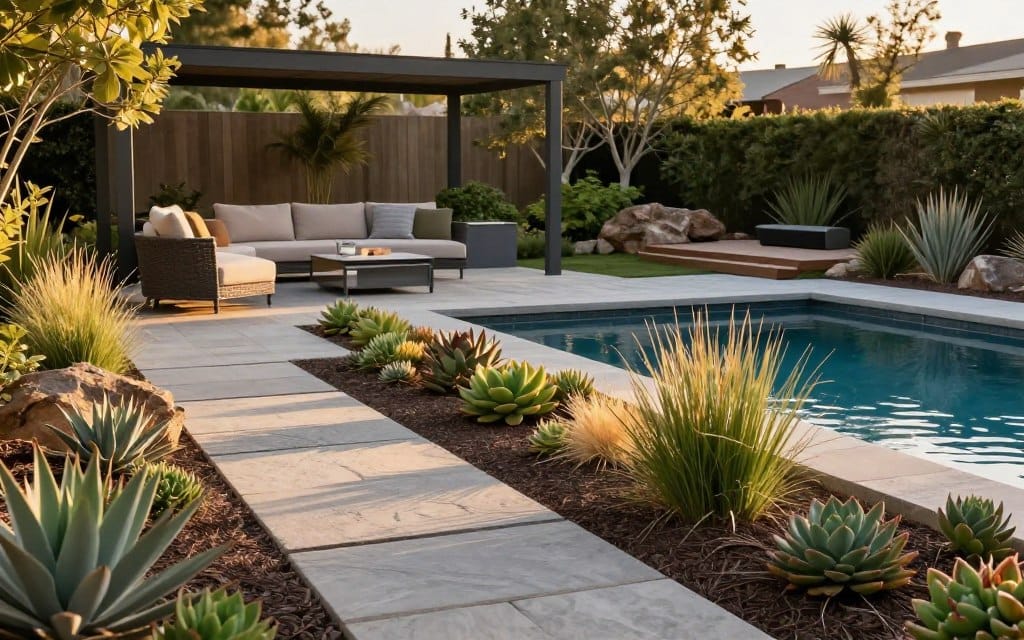 A serene functional outdoor space showcasing key elements of low maintenance pool landscape design. In the foreground, a natural stone pathway leads to a sleek, modern pool surrounded by native xeriscape plants like succulents and ornamental grasses. In the middle ground, a stylish lounge area features comfortable outdoor furniture made of weather-resistant materials, strategically placed under a minimalist pergola for shade. The background displays a lush, drought-resistant garden with rock formations and a small deck area with fire pit. The scene is illuminated by warm, golden hour sunlight, casting soft shadows, and enhancing the tranquil atmosphere. The composition is captured from a slightly elevated angle, offering a comprehensive view of the integrated outdoor elements, highlighting the harmony between utility and beauty.