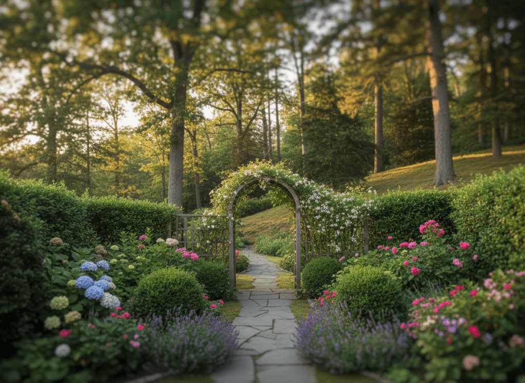 A serene garden oasis designed for privacy, featuring a lush mix of evergreen shrubs and colorful flowering plants strategically arranged in the foreground. In the middle ground, a stylish wooden trellis adorned with climbing vines creates a natural partition, while a curved stone path invites exploration. The background showcases a gentle slope filled with tall trees providing shade, their branches swaying softly in the breeze. Soft, warm sunlight filters through the leaves, casting dappled patterns on the ground. The composition is captured at eye level with a shallow depth of field, creating a peaceful and inviting atmosphere, perfect for relaxation and tranquility in a quaint backyard setting.