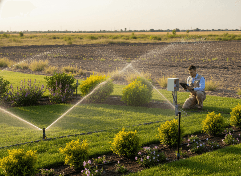 A serene landscape highlighting a maintenance irrigation system in action during a Georgia drought. In the foreground, a well-maintained, high-tech irrigation system with sprinklers and drip lines efficiently watering vibrant patches of grass and thriving plants. In the middle ground, a professional technician in smart casual attire checks the system, ensuring optimal performance with a handheld device displaying data. The background features a sun-soaked terrain with parched earth and scattered green patches, underscoring the importance of smart irrigation. Golden sunlight casts soft, warm shadows, creating a calm, industrious atmosphere. The angle is slightly elevated, providing a comprehensive view of the efficient irrigation system working harmoniously in the landscape.