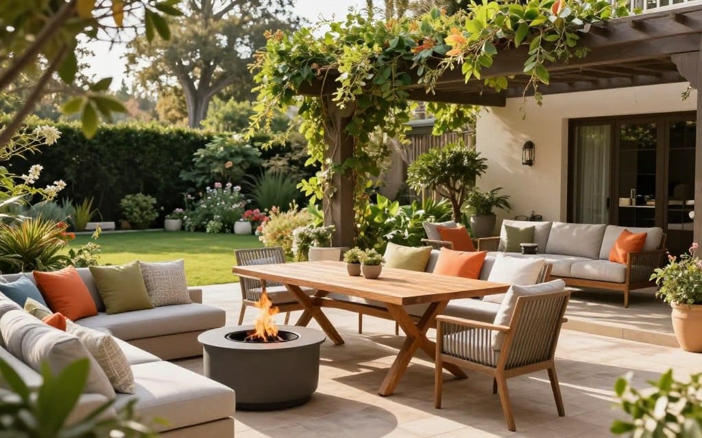 A serene outdoor living space, featuring a well-designed patio with elegant outdoor furniture comprising a large wooden table and stylish chairs, showcasing vibrant cushions. In the foreground, there’s a cozy lounge area with a fire pit surrounded by comfortable seating. The middle ground reveals a tasteful pergola draped with climbing greenery, providing shade and creating an inviting atmosphere. The background showcases a beautifully landscaped garden with flowering plants and grass. Soft, warm sunlight filters through the trees, casting gentle shadows, emphasizing the tranquility of the scene. The image is captured at a slightly elevated angle, using a 35mm lens to give a broad view while retaining detail, creating a harmonious and inviting mood. A serene outdoor living space, featuring a well-designed patio with elegant outdoor furniture comprising a large wooden table and stylish chairs, showcasing vibrant cushions. In the foreground, there’s a cozy lounge area with a fire pit surrounded by comfortable seating. The middle ground reveals a tasteful pergola draped with climbing greenery, providing shade and creating an inviting atmosphere. The background showcases a beautifully landscaped garden with flowering plants and grass. Soft, warm sunlight filters through the trees, casting gentle shadows, emphasizing the tranquility of the scene. The image is captured at a slightly elevated angle, using a 35mm lens to give a broad view while retaining detail, creating a harmonious and inviting mood.