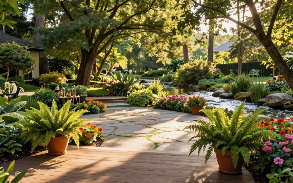 A serene outdoor living space that seamlessly integrates natural elements and landscaping. In the foreground, a wooden deck adorned with potted ferns and vibrant flower beds creates an inviting atmosphere. The middle ground features a beautifully designed patio with natural stone pavers, surrounded by lush greenery, flowering shrubs, and towering trees that provide shade. In the background, a gently flowing stream adds a tranquil auditory element, reflecting dappled sunlight. The scene is bathed in warm golden hour light, casting soft shadows and enhancing the colors of the plants. Use a wide-angle lens perspective to capture the depth and harmony of the space, evoking a sense of relaxation and connection with nature. The overall mood is peaceful and rejuvenating, ideal for outdoor enjoyment. A serene outdoor living space that seamlessly integrates natural elements and landscaping. In the foreground, a wooden deck adorned with potted ferns and vibrant flower beds creates an inviting atmosphere. The middle ground features a beautifully designed patio with natural stone pavers, surrounded by lush greenery, flowering shrubs, and towering trees that provide shade. In the background, a gently flowing stream adds a tranquil auditory element, reflecting dappled sunlight. The scene is bathed in warm golden hour light, casting soft shadows and enhancing the colors of the plants. Use a wide-angle lens perspective to capture the depth and harmony of the space, evoking a sense of relaxation and connection with nature. The overall mood is peaceful and rejuvenating, ideal for outdoor enjoyment.