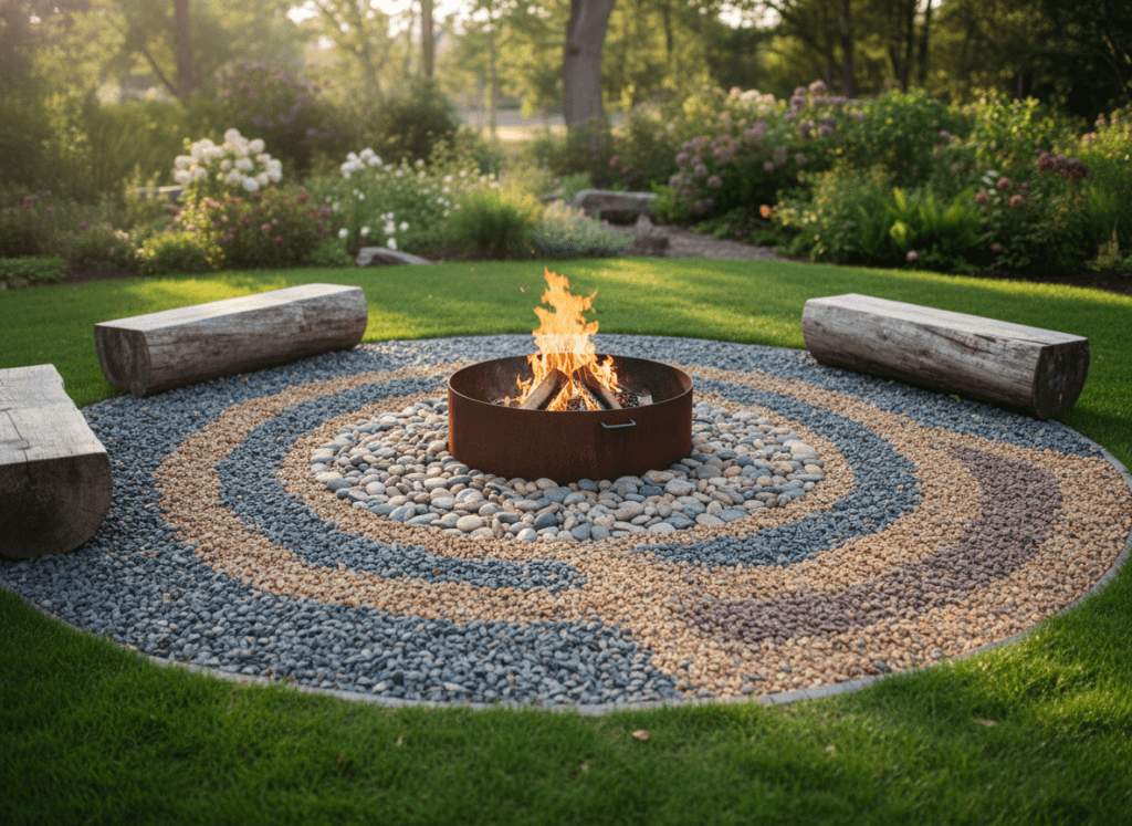 A serene outdoor scene featuring a cozy fire pit surrounded by a landscape of smooth, colorful gravel. In the foreground, the gravel base is meticulously arranged in a circular pattern around the fire pit, reflecting shades of gray, brown, and tan. Flickering flames from the fire pit cast warm, inviting light, creating dancing shadows on the gravel. In the middle ground, soft green grass contrasts beautifully with the gravel, and a few rustic logs are neatly placed for seating. The background is a blurred view of a tranquil garden, with soft foliage and gentle sunlight filtering through leaves, enhancing the peaceful atmosphere. The overall mood is warm and inviting, perfect for outdoor gatherings. The perspective is slightly elevated, showcasing the arrangement clearly. A serene outdoor scene featuring a cozy fire pit surrounded by a landscape of smooth, colorful gravel. In the foreground, the gravel base is meticulously arranged in a circular pattern around the fire pit, reflecting shades of gray, brown, and tan. Flickering flames from the fire pit cast warm, inviting light, creating dancing shadows on the gravel. In the middle ground, soft green grass contrasts beautifully with the gravel, and a few rustic logs are neatly placed for seating. The background is a blurred view of a tranquil garden, with soft foliage and gentle sunlight filtering through leaves, enhancing the peaceful atmosphere. The overall mood is warm and inviting, perfect for outdoor gatherings. The perspective is slightly elevated, showcasing the arrangement clearly.