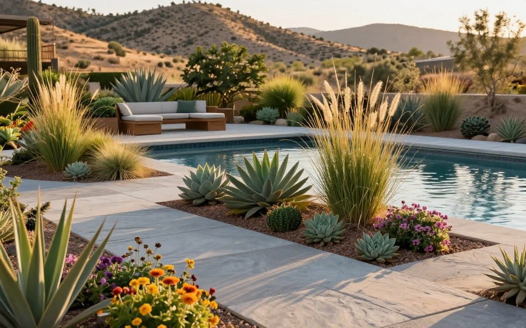 A serene pool area designed around xeriscaping principles, showcasing drought-resistant plants like succulents and ornamental grasses in beautifully arranged clusters. In the foreground, smooth, natural stone pavers lead to the inviting water's edge, surrounded by colorful, low-maintenance flowering perennials. The middle ground features a modern, sustainable pool deck made from eco-friendly materials, with tasteful seating surrounded by lush greenery. In the background, gently sloping dry hills punctuated with native desert plants offer a tranquil view. The scene is bathed in warm, golden sunlight during the late afternoon, enhancing the calm and inviting atmosphere. The perspective is a wide-angle view, capturing the harmony between the pool, plants, and landscape, emphasizing a low-maintenance and sustainable aesthetic, perfect for modern living.