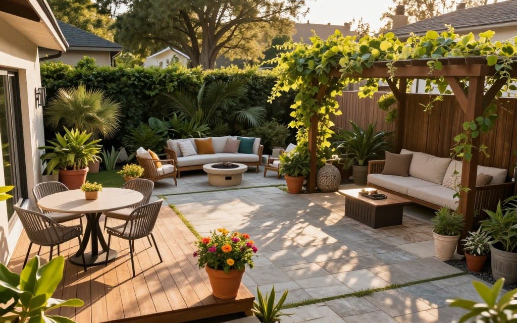 A split scene displaying a vibrant outdoor living space, featuring three distinct hardscape options: a wooden deck on the left, a stone patio in the center, and a beautifully crafted pergola on the right. In the foreground, the deck has vibrant potted plants and outdoor furniture, including a stylish table and chairs. The patio showcases textured stone tiles with a cozy fire pit and comfortable seating surrounded by greenery. The pergola is adorned with climbing vines, casting dappled sunlight on a dining area underneath. Soft, golden hour lighting enhances the serene atmosphere, with warm shadows elongating across the space. The image captures a sense of harmony and balance, inviting viewers to imagine their ideal outdoor retreat. The angle is slightly elevated, providing a comprehensive overview of the three areas without any people present. A split scene displaying a vibrant outdoor living space, featuring three distinct hardscape options: a wooden deck on the left, a stone patio in the center, and a beautifully crafted pergola on the right. In the foreground, the deck has vibrant potted plants and outdoor furniture, including a stylish table and chairs. The patio showcases textured stone tiles with a cozy fire pit and comfortable seating surrounded by greenery. The pergola is adorned with climbing vines, casting dappled sunlight on a dining area underneath. Soft, golden hour lighting enhances the serene atmosphere, with warm shadows elongating across the space. The image captures a sense of harmony and balance, inviting viewers to imagine their ideal outdoor retreat. The angle is slightly elevated, providing a comprehensive overview of the three areas without any people present.