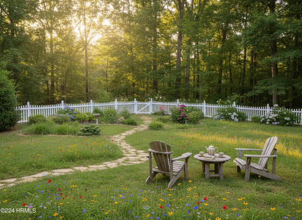 A tranquil outdoor space in a quaint yard in White, GA, showcasing various site conditions. In the foreground, lush green grass interspersed with colorful wildflowers, a small stone path leading to a cozy seating area with rustic wooden chairs and a coffee table. In the middle ground, a well-maintained garden featuring native plants and flowering shrubs, framed by a white picket fence. In the background, a dense row of trees creating privacy, with dappled sunlight filtering through the leaves, casting gentle shadows. Soft, warm lighting reminiscent of the golden hour enhances the inviting atmosphere. Captured with a wide-angle lens, presenting a serene and harmonious backyard environment that evokes comfort and tranquility.