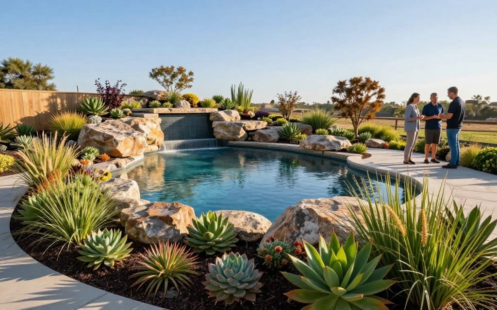 A tranquil pool area surrounded by a beautifully designed xeriscaped landscape. In the foreground, vibrant drought-resistant plants like succulents and ornamental grasses create a lush look, framing the pool with natural beauty. The middle ground features a smooth stone pathway leading to the pool, with strategically placed boulders adding texture and interest. In the background, a clear blue sky enhances the warmth of the scene, while gentle sunlight casts soft shadows, highlighting the intricate details of the landscaping. A few professionals in modest casual clothing are discussing the design, showcasing the practicality and aesthetic appeal of low-maintenance landscaping. The overall atmosphere is serene and inviting, emphasizing both the beauty and benefits of a thoughtfully designed pool landscape.