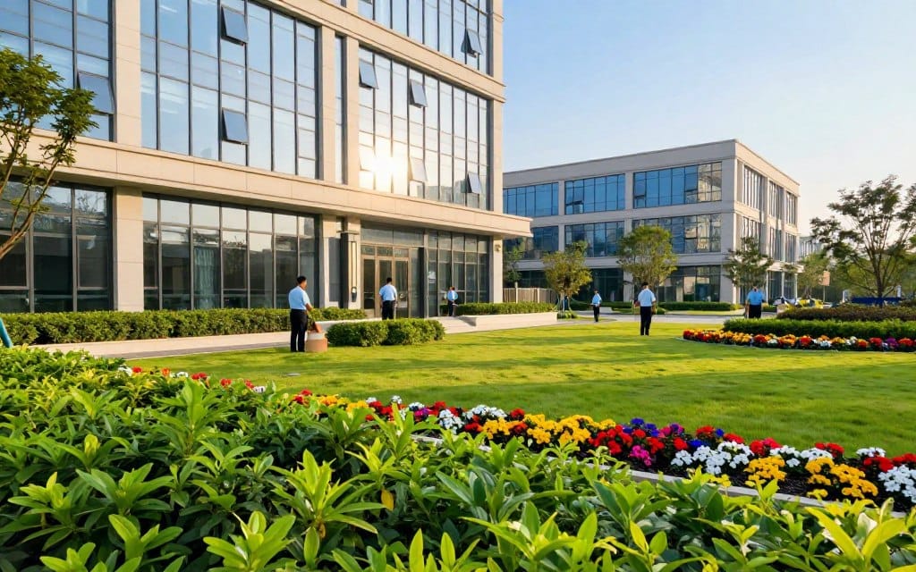 A vibrant commercial landscape showcasing a well-maintained corporate office exterior. In the foreground, lush green shrubs and colorful flower beds frame a modern building with large glass windows reflecting sunlight. The middle ground features a clean, manicured lawn with professional maintenance staff dressed in uniforms, skillfully trimming hedges and planting new flowers. In the background, a clear blue sky enhances the mood, with soft sunlight creating warm highlights. The scene conveys a sense of professionalism, diligence, and vibrant growth, emphasizing the value of aesthetic appeal in business environments. Use a wide-angle lens to capture the entirety of this inviting landscape, ensuring a balanced and harmonious composition. A vibrant commercial landscape showcasing a well-maintained corporate office exterior. In the foreground, lush green shrubs and colorful flower beds frame a modern building with large glass windows reflecting sunlight. The middle ground features a clean, manicured lawn with professional maintenance staff dressed in uniforms, skillfully trimming hedges and planting new flowers. In the background, a clear blue sky enhances the mood, with soft sunlight creating warm highlights. The scene conveys a sense of professionalism, diligence, and vibrant growth, emphasizing the value of aesthetic appeal in business environments. Use a wide-angle lens to capture the entirety of this inviting landscape, ensuring a balanced and harmonious composition.