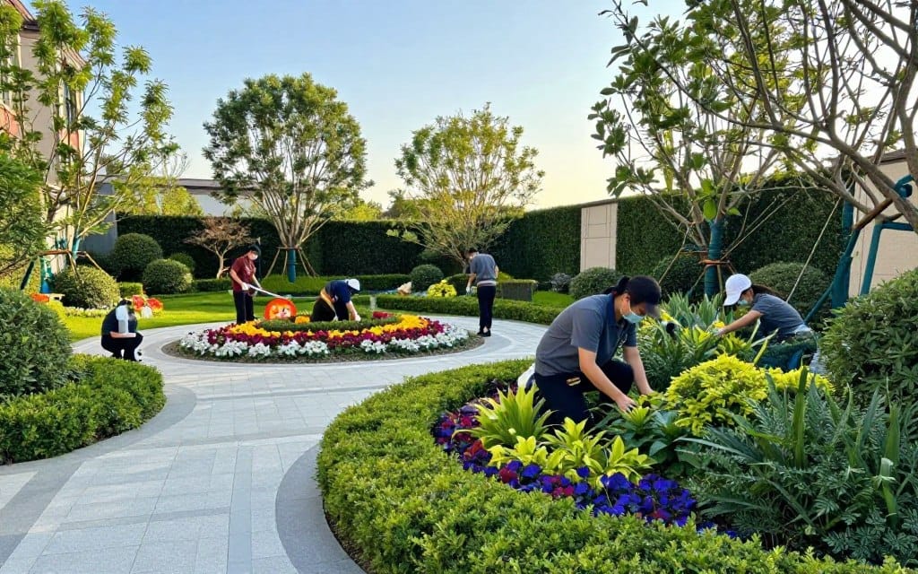 A vibrant commercial landscape showcasing a well-maintained property, emphasizing lush greenery and flower beds, with neatly trimmed hedges creating a harmonious atmosphere. In the foreground, a professional landscape maintenance team in smart casual attire applies finishing touches on ornamental plants and features, enhancing the overall aesthetic. The middle ground features a beautifully designed path leading towards an intricately arranged garden area with colorful flowers and decorative elements, nestled against a backdrop of well-manicured trees. Soft, golden hour lighting casts a warm glow over the scene, accentuating the vibrant colors and textures of the plants. A clear blue sky adds a tranquil feel to the image, conveying the professional care and attention to detail that elevates property value. A vibrant commercial landscape showcasing a well-maintained property, emphasizing lush greenery and flower beds, with neatly trimmed hedges creating a harmonious atmosphere. In the foreground, a professional landscape maintenance team in smart casual attire applies finishing touches on ornamental plants and features, enhancing the overall aesthetic. The middle ground features a beautifully designed path leading towards an intricately arranged garden area with colorful flowers and decorative elements, nestled against a backdrop of well-manicured trees. Soft, golden hour lighting casts a warm glow over the scene, accentuating the vibrant colors and textures of the plants. A clear blue sky adds a tranquil feel to the image, conveying the professional care and attention to detail that elevates property value.