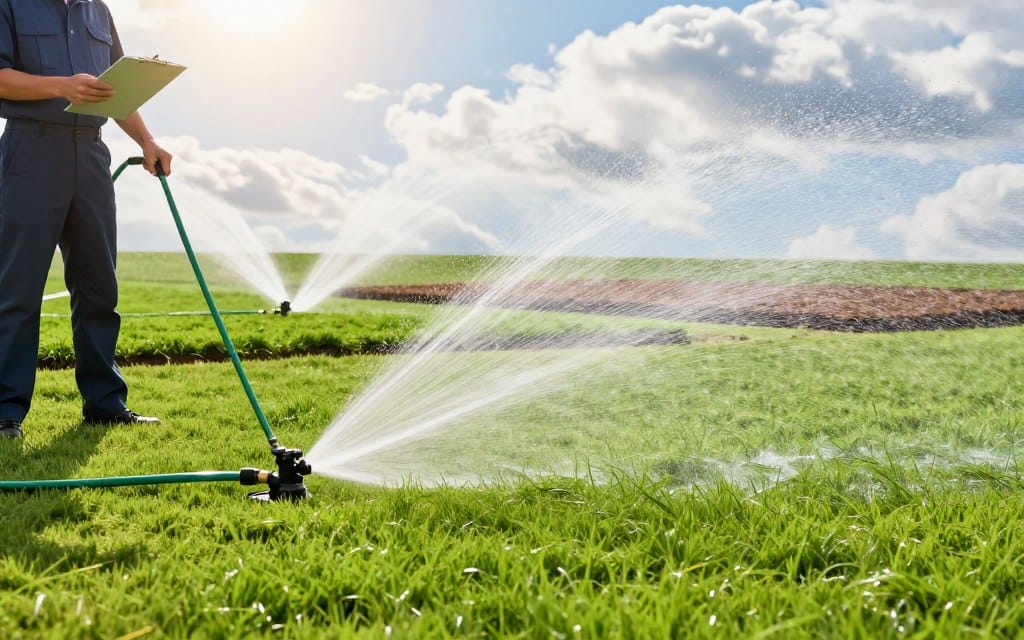 A vibrant landscape showcasing various watering strategies for optimal sod establishment. In the foreground, a lush, green sod lawn is being watered with a high-efficiency sprinkler system, creating a fine mist that catches the sunlight. To the left, a gardener in a professional outfit adjusts the sprinkler, with a clipboard in hand, examining a watering schedule. In the middle ground, there are side-by-side sections of sod showing different watering techniques, including a drip irrigation system and a hose with a spray nozzle. In the background, a serene, sunny sky with scattered clouds enhances the mood, reflecting an ideal day for lawn care. The image is bright and inviting, emphasizing the importance of proper watering methods for establishing healthy grass.