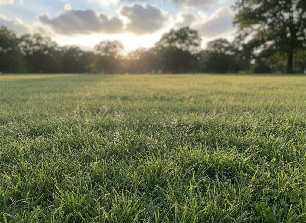 A vibrant, lush lawn of green grass fills the foreground, showcasing healthy turf with diverse textures and shades of green, illustrating ideal sod types for varying sunlight. In the middle ground, gentle sunlight filters through soft, puffy clouds, casting warm, golden hues across the grass and creating a serene atmosphere. Dappled sunlight creates dynamic patterns on the ground, highlighting areas of sun and shade. The background features a softly blurred row of trees, providing contrast and context, emphasizing the relationship between grass types and their optimal growth environments. The scene is captured from a low angle to accentuate the grass, with a soft focus on the horizon, inviting viewers to imagine a tranquil and verdant space perfect for lawn care. A vibrant, lush lawn of green grass fills the foreground, showcasing healthy turf with diverse textures and shades of green, illustrating ideal sod types for varying sunlight. In the middle ground, gentle sunlight filters through soft, puffy clouds, casting warm, golden hues across the grass and creating a serene atmosphere. Dappled sunlight creates dynamic patterns on the ground, highlighting areas of sun and shade. The background features a softly blurred row of trees, providing contrast and context, emphasizing the relationship between grass types and their optimal growth environments. The scene is captured from a low angle to accentuate the grass, with a soft focus on the horizon, inviting viewers to imagine a tranquil and verdant space perfect for lawn care.