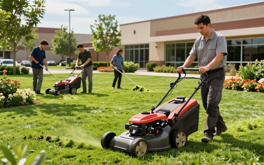 A vibrant urban lawn maintenance scene showcasing various key services. In the foreground, a professional lawn care technician in clean work attire operates a high-quality, commercial-grade lawn mower, with freshly cut grass scattered around. In the middle ground, a diverse team is actively performing maintenance tasks, such as edging and blowing debris, using well-maintained equipment. The background features a neatly landscaped commercial property with healthy, green grass, flower beds, and shrubbery, under a clear blue sky. Soft, natural sunlight enhances the serene atmosphere, casting gentle shadows. The angle captures the dynamic movement of the team, emphasizing professionalism and efficiency while highlighting the importance of comprehensive lawn care services. A vibrant urban lawn maintenance scene showcasing various key services. In the foreground, a professional lawn care technician in clean work attire operates a high-quality, commercial-grade lawn mower, with freshly cut grass scattered around. In the middle ground, a diverse team is actively performing maintenance tasks, such as edging and blowing debris, using well-maintained equipment. The background features a neatly landscaped commercial property with healthy, green grass, flower beds, and shrubbery, under a clear blue sky. Soft, natural sunlight enhances the serene atmosphere, casting gentle shadows. The angle captures the dynamic movement of the team, emphasizing professionalism and efficiency while highlighting the importance of comprehensive lawn care services.