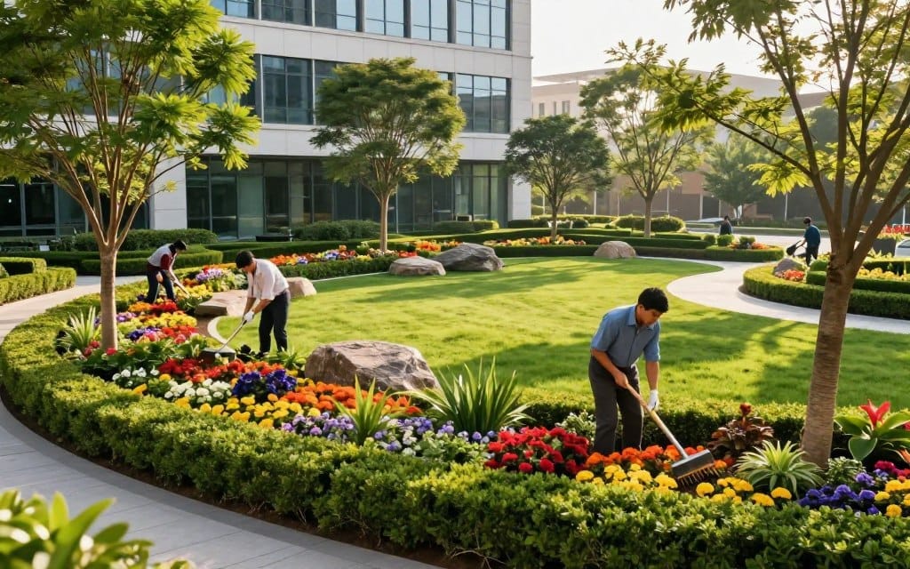 A vibrant, well-maintained commercial landscape featuring neatly trimmed hedges, colorful flower beds, and strategically placed trees that provide shade. In the foreground, a professional landscape maintenance crew in business casual attire carefully tending to the plants, using tools like shears and rakes. In the middle ground, a lush green lawn juxtaposes with decorative rocks and pathways that guide visitors through the landscape, highlighting the meticulous care involved. In the background, a modern office building is framed by the landscape, showcasing the synergy between nature and corporate space. The lighting is warm and inviting, with the sun casting soft shadows, creating a calm and inspiring atmosphere that reflects the strategic importance of professional landscape maintenance. The angle is slightly elevated, providing a comprehensive view of the space without any text or markings. A vibrant, well-maintained commercial landscape featuring neatly trimmed hedges, colorful flower beds, and strategically placed trees that provide shade. In the foreground, a professional landscape maintenance crew in business casual attire carefully tending to the plants, using tools like shears and rakes. In the middle ground, a lush green lawn juxtaposes with decorative rocks and pathways that guide visitors through the landscape, highlighting the meticulous care involved. In the background, a modern office building is framed by the landscape, showcasing the synergy between nature and corporate space. The lighting is warm and inviting, with the sun casting soft shadows, creating a calm and inspiring atmosphere that reflects the strategic importance of professional landscape maintenance. The angle is slightly elevated, providing a comprehensive view of the space without any text or markings.