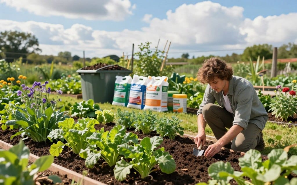 A vibrant, well-maintained garden scene showcasing the theme of enhancing soil health and nutrient balance. In the foreground, a diverse array of healthy plants, including leafy greens and flowering herbs, is thriving in rich, dark soil. A gardener, dressed in modest casual clothing, is kneeling and inspecting the soil, using a trowel to aerate it lightly. In the middle ground, compost bins and bags of organic fertilizers are neatly arranged, demonstrating sustainable practices. The background features a sunlit landscape with a blue sky dotted with fluffy clouds, casting natural light that highlights the lush greenery. The atmosphere is serene and inspiring, conveying a sense of care and dedication to nurturing the earth. Soft focus with a slightly elevated angle to capture the vitality of the scene.