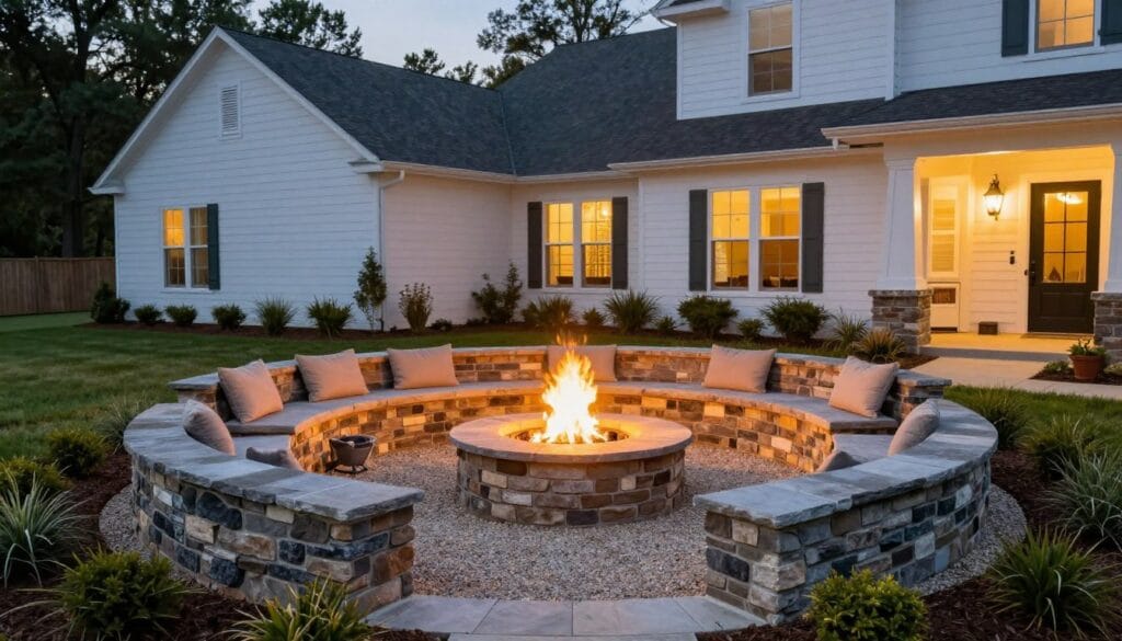 Affordable fire pit landscape design installation in White GA backyard