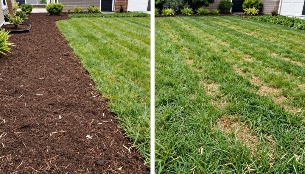 Comparison showing instant green sod installation results versus slow grass seed growth