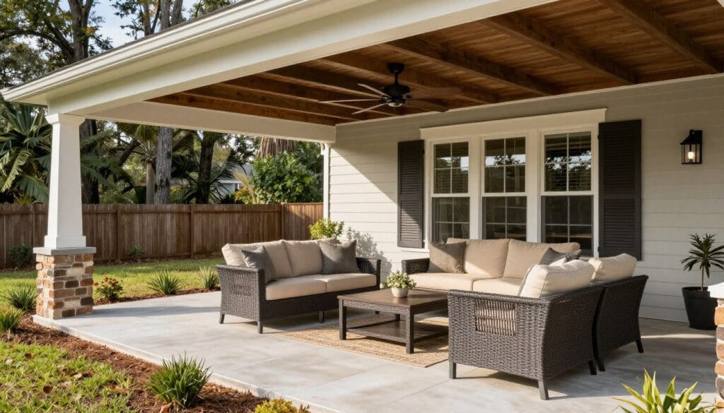 Covered outdoor living area with ceiling fans in White GA Covered outdoor living area with ceiling fans in White GA