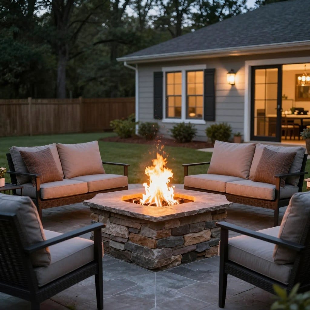 Custom fire pit with seating area in White Georgia backyard Custom fire pit with seating area in White Georgia backyard