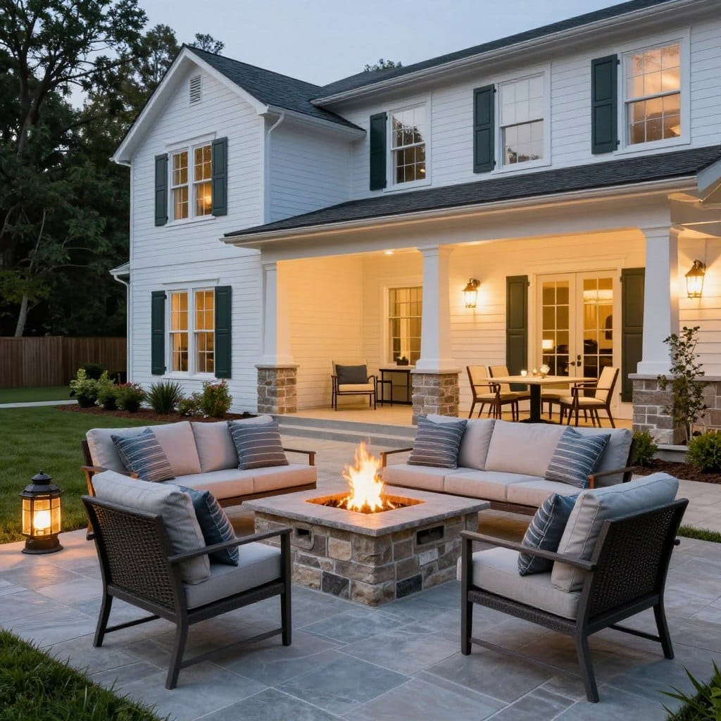 Custom outdoor living area with fire pit in White GA backyard