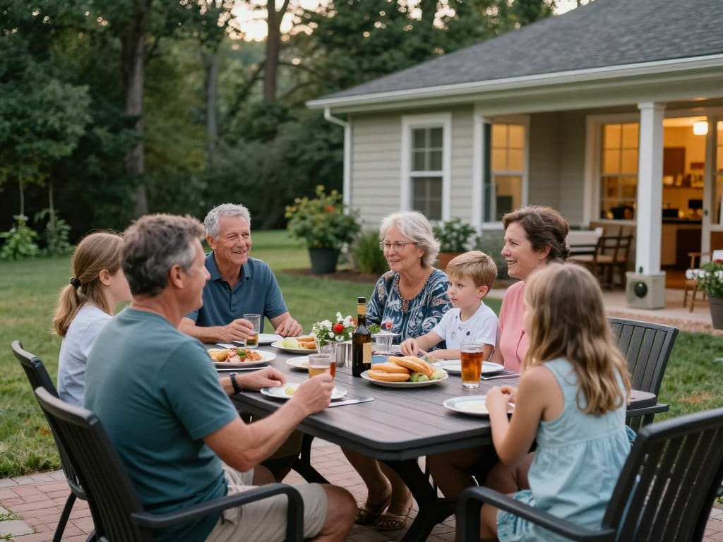 Family enjoying outdoor living area in White Georgia backyard Family enjoying outdoor living area in White Georgia backyard