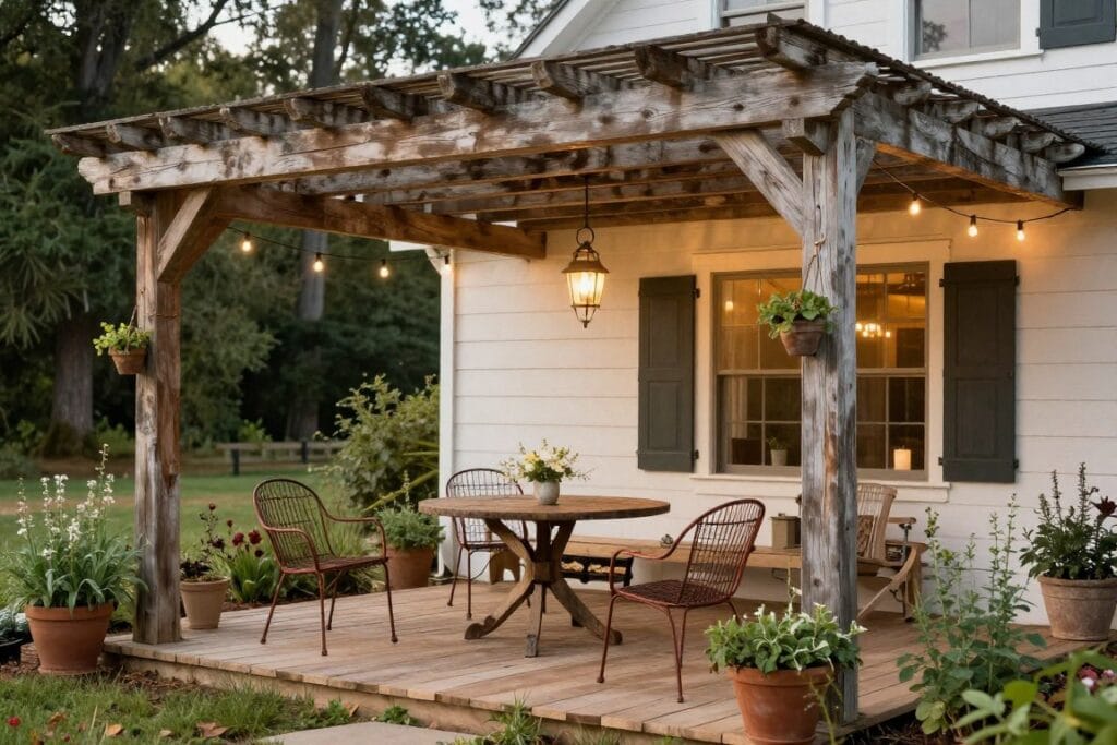 Farmhouse rustic outdoor living area with vintage elements in White Georgia Farmhouse rustic outdoor living area with vintage elements in White Georgia