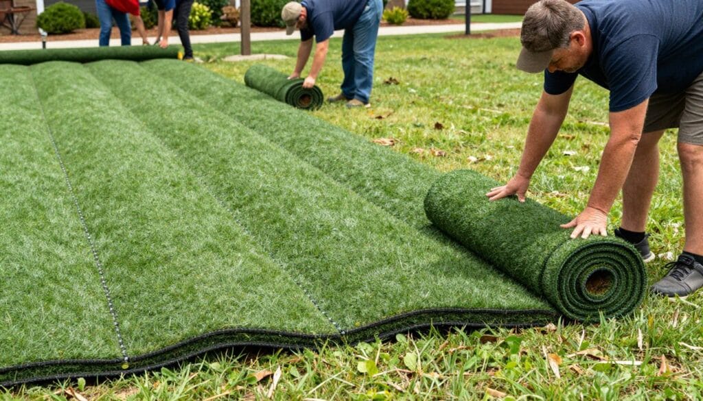Fresh sod rolls being installed by professional landscaping team