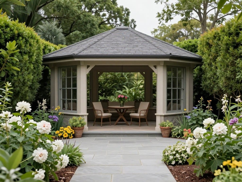 Garden room outdoor living space with lush plantings in White Georgia Garden room outdoor living space with lush plantings in White Georgia