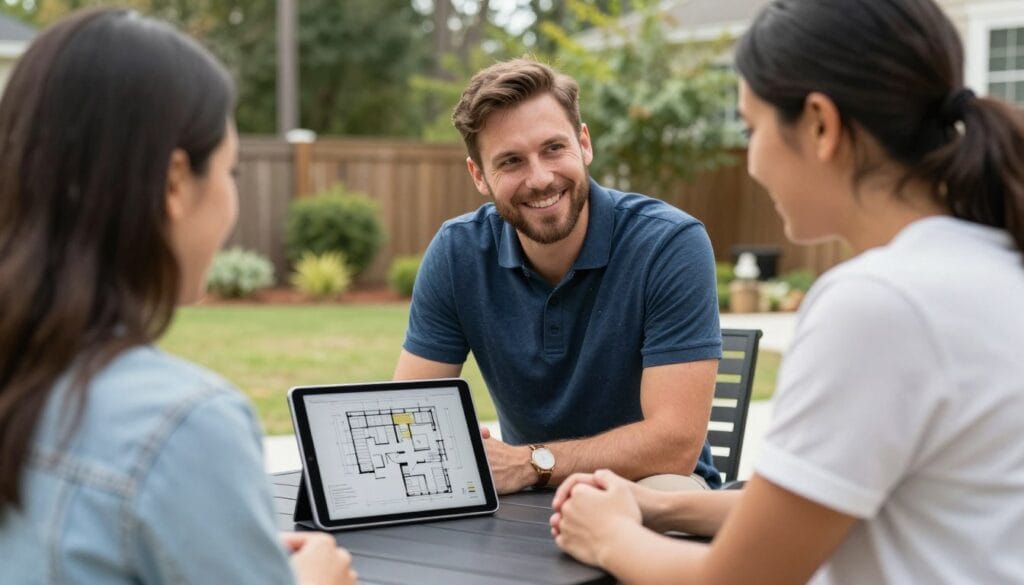 Homeowner discussing outdoor living project with Aragon Landscaping in White GA Homeowner discussing outdoor living project with Aragon Landscaping in White GA