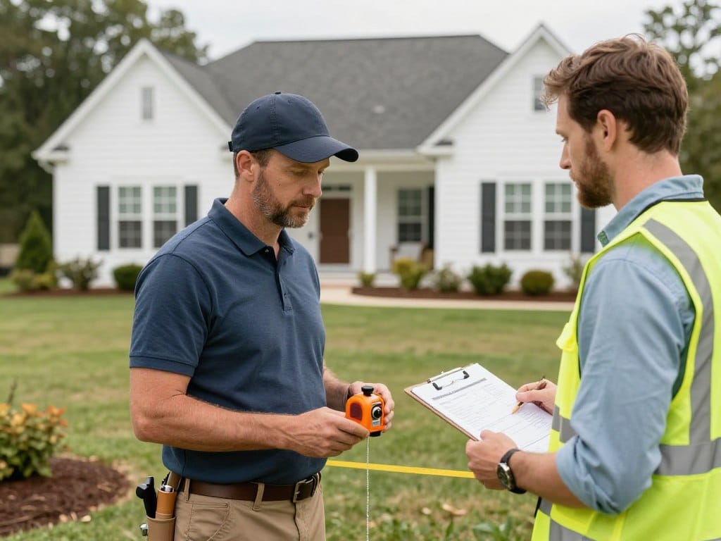Landscaping professional measuring yard for sod installation project estimate