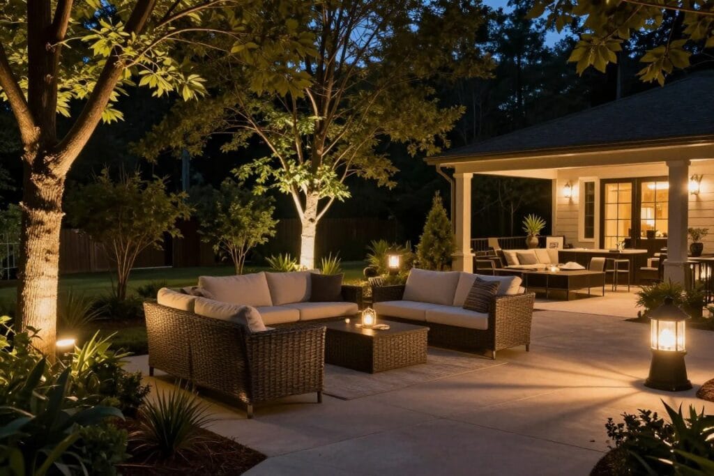 Outdoor living space with landscape lighting at night in White Georgia Outdoor living space with landscape lighting at night in White Georgia