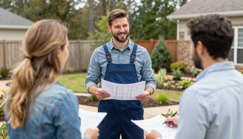 Professional landscaping contractor meeting with homeowner in White GA Professional landscaping contractor meeting with homeowner in White GA