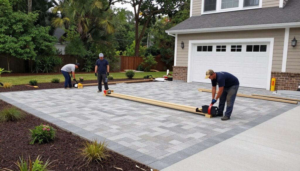 Professional landscaping team working on outdoor living space installation in White GA Professional landscaping team working on outdoor living spaces installation in White GA